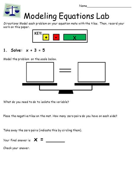 Modeling Equations Lab Name________________________ Directions: Model each problem on your equation mats with the tiles. Then, record your work on this.