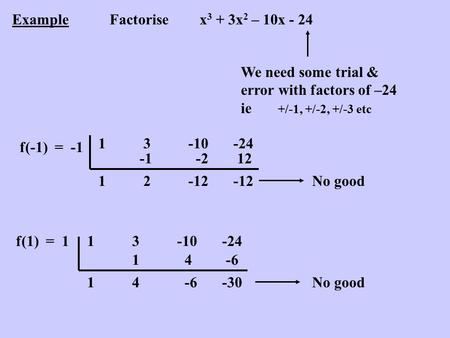 ExampleFactorisex 3 + 3x 2 – 10x - 24 We need some trial & error with factors of –24 ie +/-1, +/-2, +/-3 etc f(-1) = -1 13-10-24 1 2 -2 -12 12 -12No good.