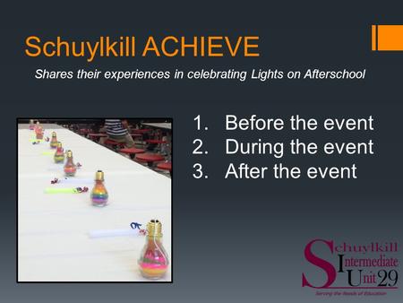 Schuylkill ACHIEVE Shares their experiences in celebrating Lights on Afterschool 1.Before the event 2.During the event 3.After the event.