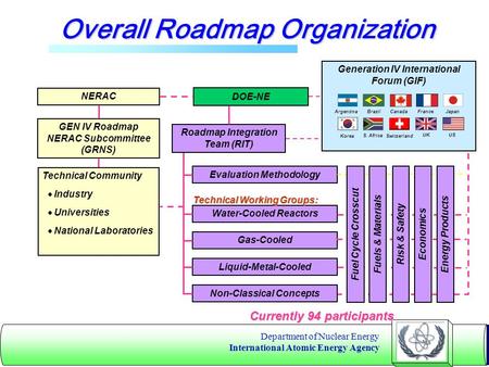 Department of Nuclear Energy International Atomic Energy Agency Overall Roadmap Organization NERAC GEN IV Roadmap NERAC Subcommittee (GRNS) Technical Community.