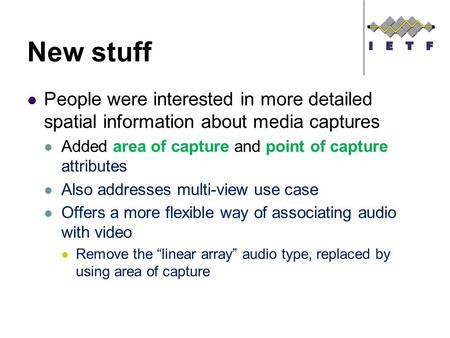 New stuff People were interested in more detailed spatial information about media captures Added area of capture and point of capture attributes Also addresses.