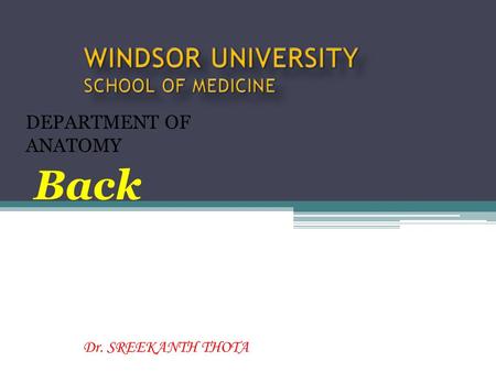 Dr. SREEKANTH THOTA DEPARTMENT OF ANATOMY Back. The back comprises the posterior aspect of the trunk, inferior to the neck and superior to the buttocks.