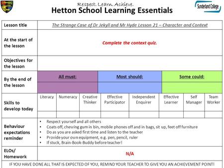 Hetton School Learning Essentials Lesson titleThe Strange Case of Dr Jekyll and Mr Hyde Lesson 21 – Character and Context At the start of the lesson Complete.