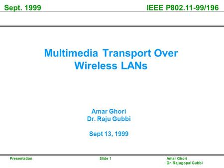 Sept. 1999 IEEE P802.11-99/196 PresentationSlide 1Amar Ghori Dr. Rajugopal Gubbi Multimedia Transport Over Wireless LANs Amar Ghori Dr. Raju Gubbi Sept.