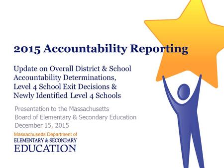 2015 Accountability Reporting Presentation to the Massachusetts Board of Elementary & Secondary Education December 15, 2015 Update on Overall District.