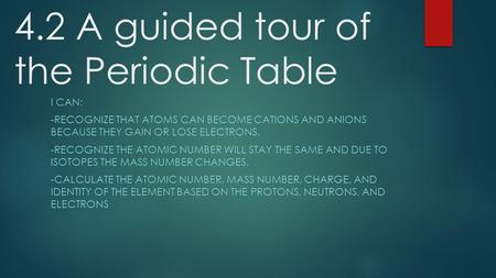 4.2 A guided tour of the Periodic Table I CAN: -RECOGNIZE THAT ATOMS CAN BECOME CATIONS AND ANIONS BECAUSE THEY GAIN OR LOSE ELECTRONS. -RECOGNIZE THE.