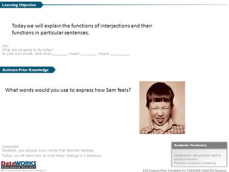 ©2012 DataWORKS Educational Research EDI Lesson Plan Template for TEACHER-CREATED lessons. Activate Prior Knowledge CFU What are we going to do today?