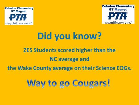 Did you know? ZES Students scored higher than the NC average and the Wake County average on their Science EOGs.