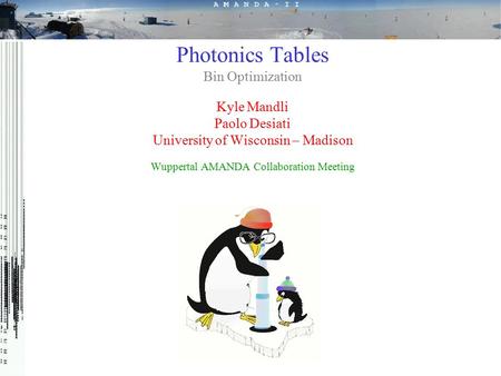 Photonics Tables Bin Optimization Kyle Mandli Paolo Desiati University of Wisconsin – Madison Wuppertal AMANDA Collaboration Meeting.