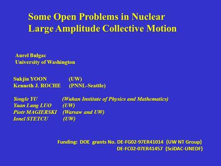 Some Open Problems in Nuclear Large Amplitude Collective Motion Aurel Bulgac University of Washington Funding: DOE grants No. DE-FG02-97ER41014 (UW NT.