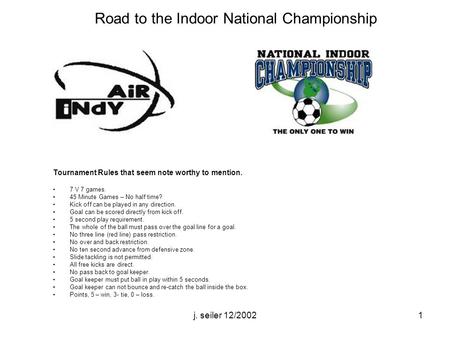 J. seiler 12/20021 Tournament Rules that seem note worthy to mention. 7 V 7 games. 45 Minute Games – No half time? Kick off can be played in any direction.