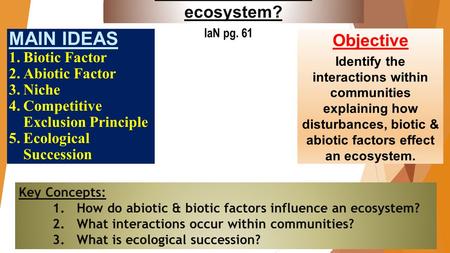 4-2 What shapes an ecosystem? IaN pg. 61 MAIN IDEAS 1.Biotic Factor 2.Abiotic Factor 3.Niche 4.Competitive Exclusion Principle 5.Ecological Succession.