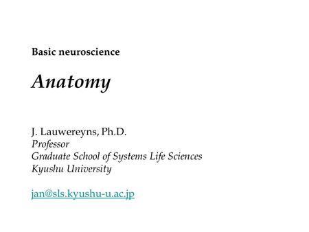 Anatomy Basic neuroscience J. Lauwereyns, Ph.D. Professor