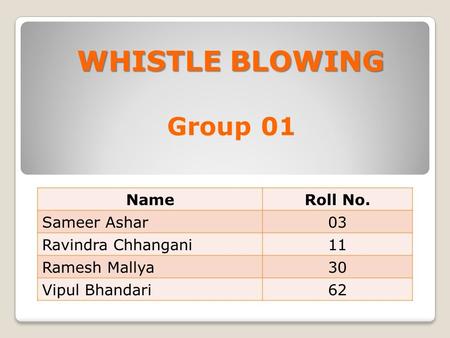 WHISTLE BLOWING Group 01 Name Roll No. Sameer Ashar 03