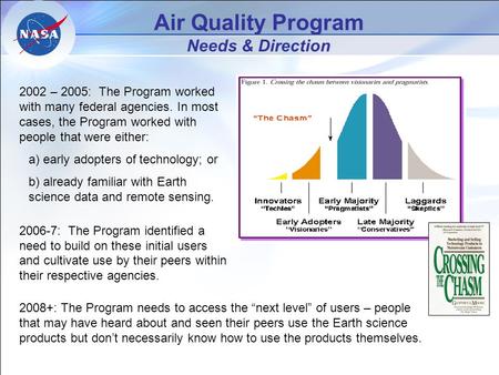 2002 – 2005: The Program worked with many federal agencies. In most cases, the Program worked with people that were either: a) early adopters of technology;