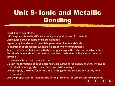 IIIIIIIV I will know/be able to… Utilize appropriate scientific vocabulary to explain scientific concepts. Distinguish between ionic and metallic bonds.