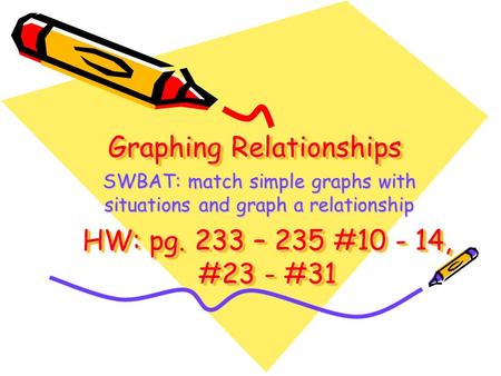 Graphing Relationships SWBAT: match simple graphs with situations and graph a relationship HW: pg. 233 – 235 #10 - 14, #23 - #31.