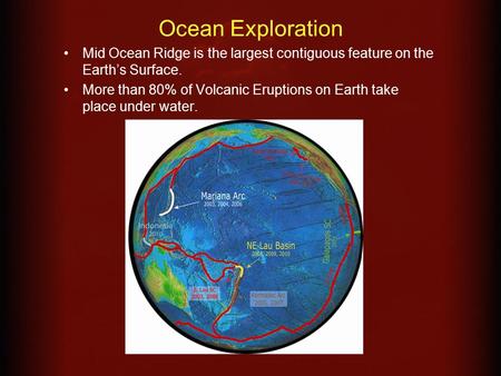 Ocean Exploration Mid Ocean Ridge is the largest contiguous feature on the Earth’s Surface. More than 80% of Volcanic Eruptions on Earth take place under.