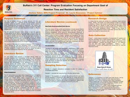 Buffalo's 311 Call Center: Program Evaluation Focusing on Department Goal of Reaction Time and Resident Satisfaction Jholane Haber, MPA Project Proposal.