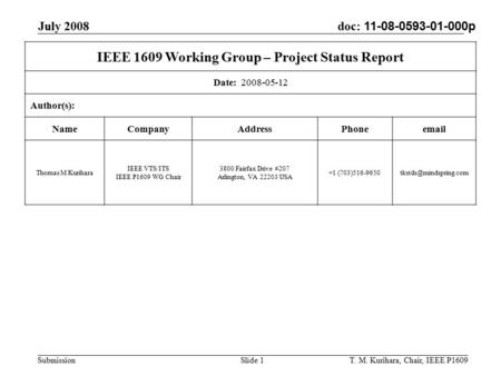 July 2008 T. M. Kurihara, Chair, IEEE P1609Slide 1 doc: 11-08-0593-01-000p Submission IEEE 1609 Working Group – Project Status Report Date: 2008-05-12.