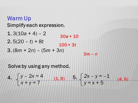 Warm Up Simplify each expression. 1. 3(10a + 4) – 2 2. 5(20 – t) + 8t 3. (8m + 2n) – (5m + 3n) 30a + 10 100 + 3t 3m – n 4. y – 2x = 4 x + y = 7 Solve by.