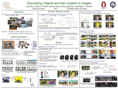 Discovering Objects and their Location in Images Josef Sivic 1, Bryan C. Russell 2, Alexei A. Efros 3, Andrew Zisserman 1 and William T. Freeman 2 Goal: