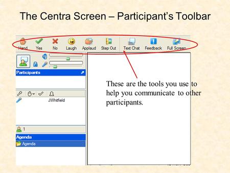 The Centra Screen – Participant’s Toolbar These are the tools you use to help you communicate to other participants.