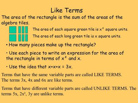 The area of the rectangle is the sum of the areas of the algebra tiles. The area of each square green tile is x² square units. The area of each long green.