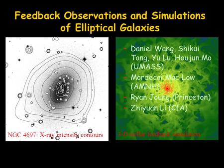 Feedback Observations and Simulations of Elliptical Galaxies –Daniel Wang, Shikui Tang, Yu Lu, Houjun Mo (UMASS) –Mordecai Mac-Low (AMNH) –Ryan Joung (Princeton)