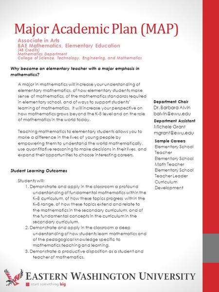 Major Academic Plan (MAP) Why become an elementary teacher with a major emphasis in mathematics? A major in mathematics will increase your understanding.