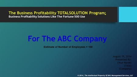 The Business Profitability TOTALSOLUTION Program Business Profitability Solutions Like The Fortune 500 Use For The ABC Company August 19, 2014 Presented.