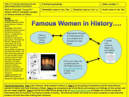 Notes: Introduction: Ask students what they know about Women’s History Month. Procedure: Have them brainstorm about some of the famous women in history.