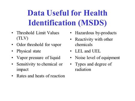 Data Useful for Health Identification (MSDS) Threshold Limit Values (TLV) Odor threshold for vapor Physical state Vapor pressure of liquid Sensitivity.