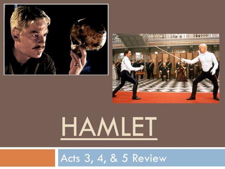 HAMLET Acts 3, 4, & 5 Review. Act 3  Characters:  Hamlet  Claudius  Gertrude  Polonius  Ophelia  Sequencing:  Chronology  Know the order of events.