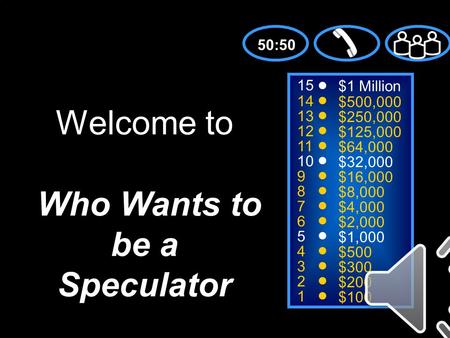 15 14 13 12 11 10 9 8 7 6 5 4 3 2 1 $1 Million $500,000 $250,000 $125,000 $64,000 $32,000 $16,000 $8,000 $4,000 $2,000 $1,000 $500 $300 $200 $100 Welcome.