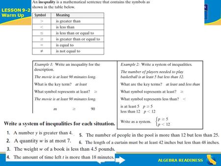 ALGEBRA READINESS LESSON 9-2 Warm Up Lesson 9-2 Warm-Up.