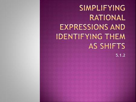 5.1.2.  A rational function is one that can be expressed as a ratio of two polynomials.  Some examples: y =, f(x) =, g(x) =, h(x) =  Here are some.