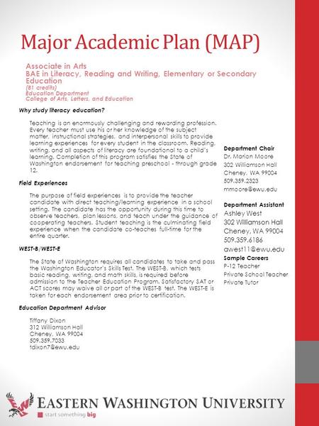 Major Academic Plan (MAP) Why study literacy education? Teaching is an enormously challenging and rewarding profession. Every teacher must use his or her.