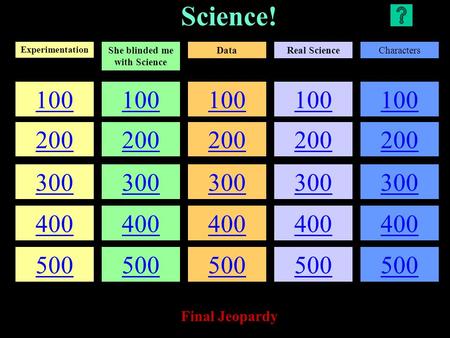 Science! 100 200 300 400 500 100 200 300 400 500 100 200 300 400 500 100 200 300 400 500 100 200 300 400 500 Experimentation She blinded me with Science.