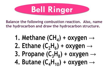 Balance the following combustion reaction. Also, name the hydrocarbon and draw the hydrocarbon structure. Bell Ringer.