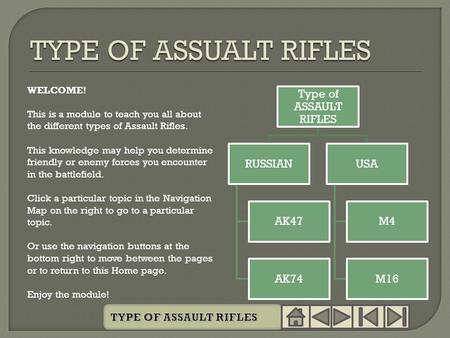 WELCOME! This is a module to teach you all about the different types of Assault Rifles. This knowledge may help you determine friendly or enemy forces.