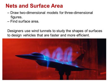 Nets and Surface Area – Draw two-dimensional models for three-dimensional figures. – Find surface area. Designers use wind tunnels to study the shapes.