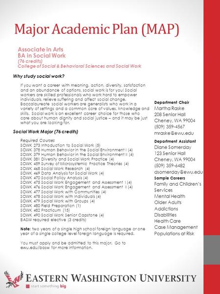 Major Academic Plan (MAP) Why study social work? If you want a career with meaning, action, diversity, satisfaction and an abundance of options, social.