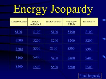 Energy Jeopardy LEADING NATIONSFAMOUS AMERICANS ENERGY INITIALSSCIENCE OF ENERGY ELECTRICITY $100 $200 $300 $400 $500 $100 $200 $300 $400 $500 Final Jeopardy.