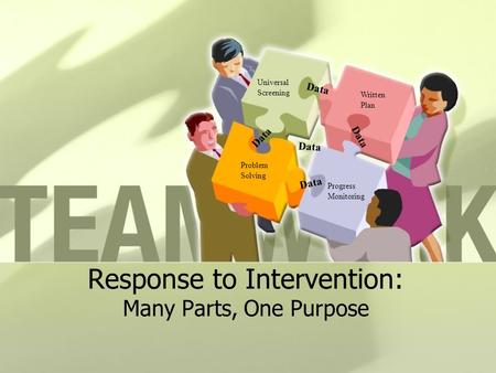 Response to Intervention: Many Parts, One Purpose Problem Solving Universal Screening Progress Monitoring Written Plan Data.