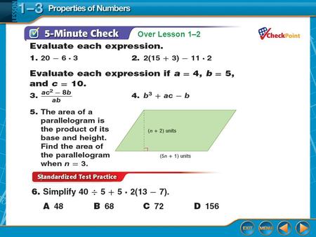 Over Lesson 1–2 5-Minute Check 1. Over Lesson 1–2 Answers.