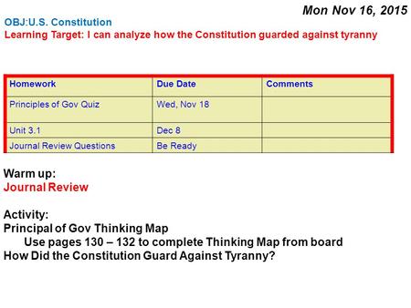 Mon Nov 16, 2015 Warm up: Journal Review Activity: Principal of Gov Thinking Map Use pages 130 – 132 to complete Thinking Map from board How Did the Constitution.