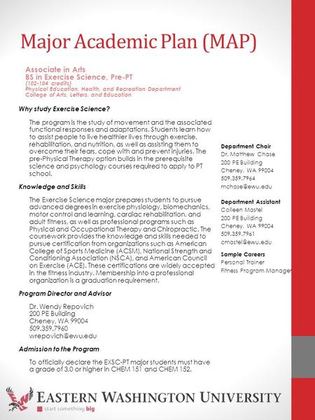 Major Academic Plan (MAP) Why study Exercise Science? The program is the study of movement and the associated functional responses and adaptations. Students.