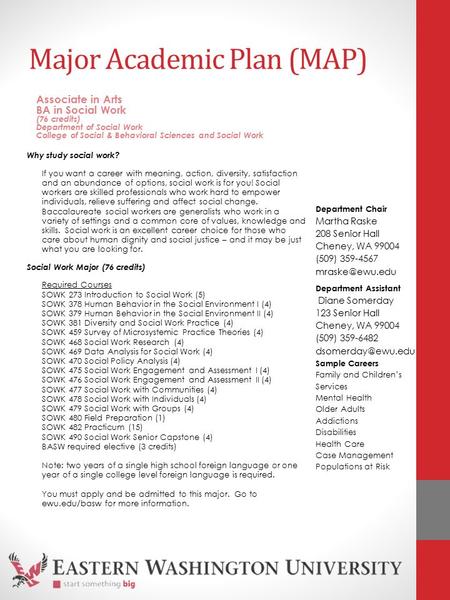 Major Academic Plan (MAP) Why study social work? If you want a career with meaning, action, diversity, satisfaction and an abundance of options, social.