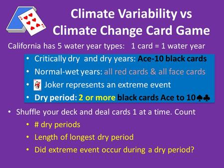 California has 5 water year types: 1 card = 1 water year Critically dry and dry years: Ace-10 black cards Normal-wet years: all red cards & all face cards.